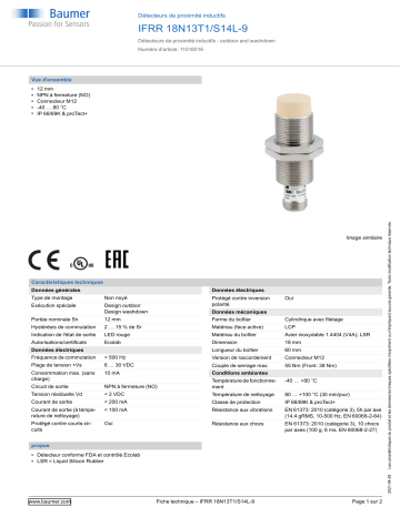 Baumer IFRR 18N13T1/S14L-9 Inductive proximity switch Fiche technique | Fixfr