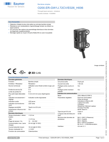 Baumer O200.ER-GW1J.72CV/E026_H006 Through beam sensor Fiche technique | Fixfr