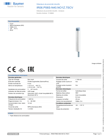 Baumer IR06.P06S-N40.NO1Z.7SCV Inductive proximity switch Fiche technique | Fixfr