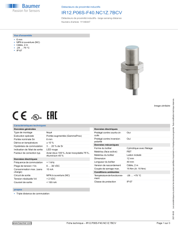 Baumer IR12.P06S-F40.NC1Z.7BCV Inductive proximity switch Fiche technique | Fixfr