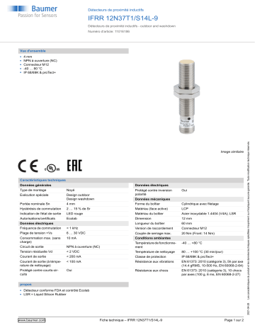 Baumer IFRR 12N37T1/S14L-9 Inductive proximity switch Fiche technique | Fixfr