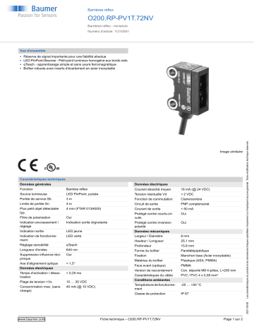 Baumer O200.RP-PV1T.72NV Retro-reflective sensor Fiche technique | Fixfr