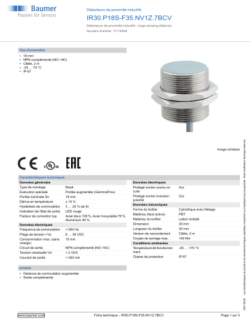 Baumer IR30.P18S-F35.NV1Z.7BCV Inductive proximity switch Fiche technique | Fixfr