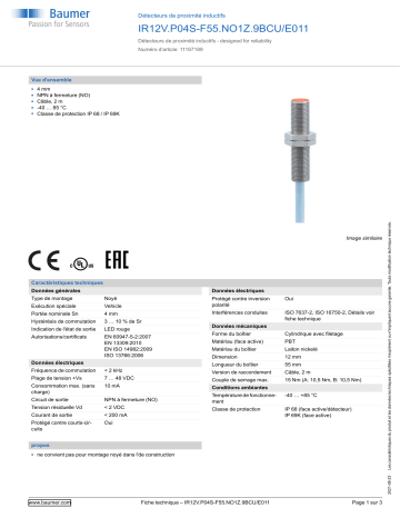 Baumer IR12V.P04S-F55.NO1Z.9BCU/E011 Inductive proximity switch Fiche technique | Fixfr