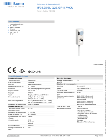 Baumer IF08.D03L-Q25.GP1I.7VCU Inductive distance sensor Fiche technique | Fixfr