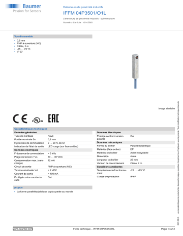 Baumer IFFM 04P3501/O1L Inductive proximity switch Fiche technique | Fixfr