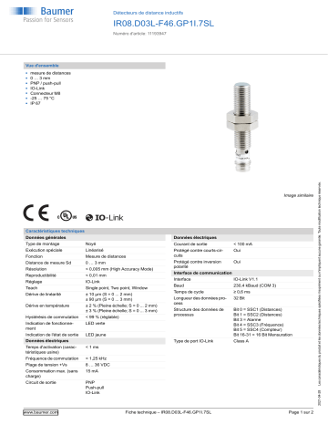 Baumer IR08.D03L-F46.GP1I.7SL Inductive distance sensor Fiche technique | Fixfr