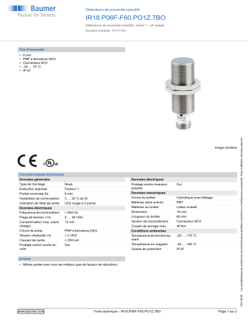 Baumer IR18.P06F-F60.PO1Z.7BO Inductive proximity switch Fiche technique | Fixfr