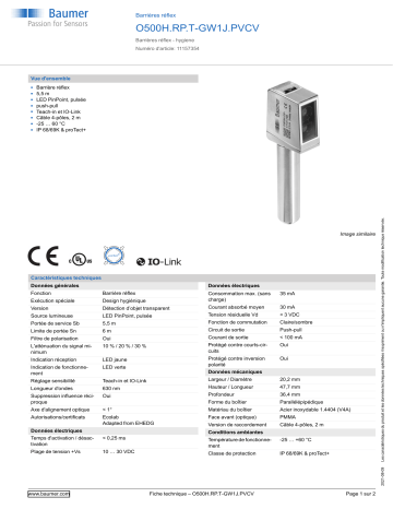 Baumer O500H.RP.T-GW1J.PVCV Retro-reflective sensor Fiche technique | Fixfr