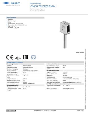 Baumer O300H.TR-ZZZZ.PVNV Through beam sensor Fiche technique | Fixfr