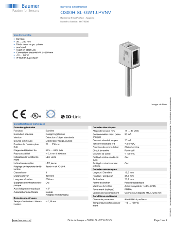 Baumer O300H.SL-GW1J.PVNV SmartReflect Light barrier Fiche technique | Fixfr