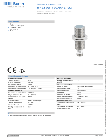 Baumer IR18.P06F-F60.NC1Z.7BO Inductive proximity switch Fiche technique | Fixfr