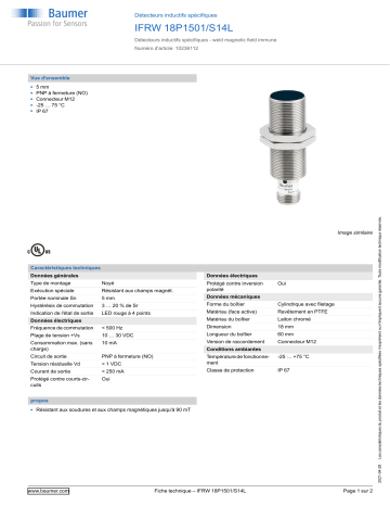 Baumer IFRW 18P1501/S14L Inductive sensors special version Fiche technique | Fixfr