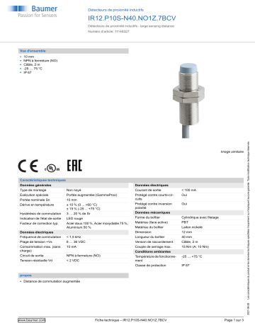 Baumer IR12.P10S-N40.NO1Z.7BCV Inductive proximity switch Fiche technique | Fixfr