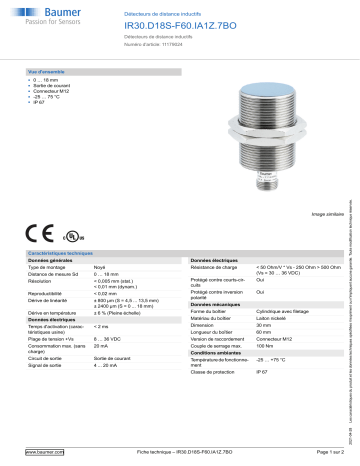 Baumer IR30.D18S-F60.IA1Z.7BO Inductive distance sensor Fiche technique | Fixfr