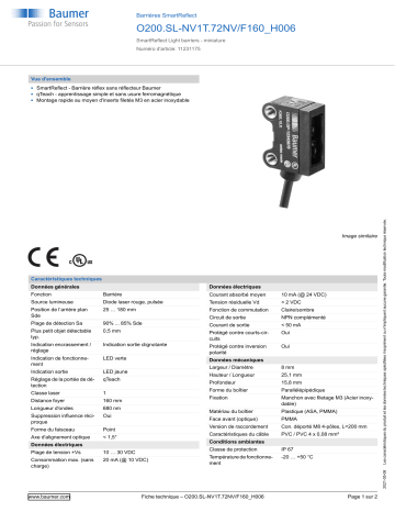 Baumer O200.SL-NV1T.72NV/F160_H006 SmartReflect Light barrier Fiche technique | Fixfr