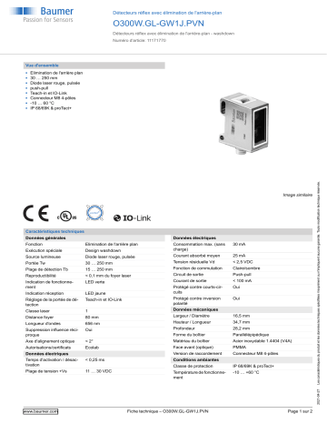 Baumer O300W.GL-GW1J.PVN Diffuse sensor Fiche technique | Fixfr