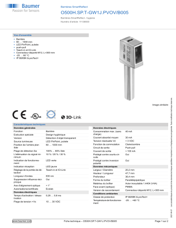 Baumer O500H.SP.T-GW1J.PVOV/B005 SmartReflect Light barrier Fiche technique | Fixfr