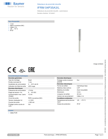 Baumer IFRM 04P35A3/L Inductive proximity switch Fiche technique | Fixfr