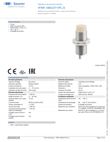 Baumer IFRR 18N33T1/PL-9 Inductive proximity switch Fiche technique | Fixfr