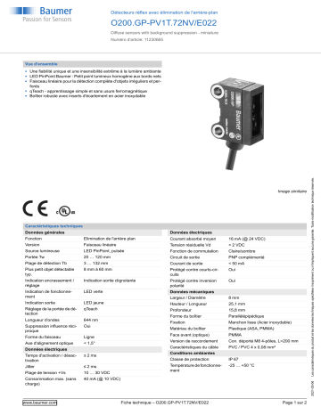 Baumer O200.GP-PV1T.72NV/E022 Diffuse sensor Fiche technique | Fixfr