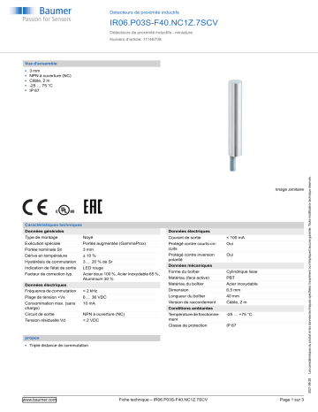 Baumer IR06.P03S-F40.NC1Z.7SCV Inductive proximity switch Fiche technique | Fixfr