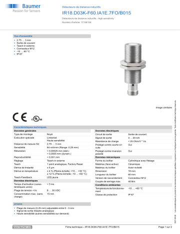 Baumer IR18.D03K-F60.IA1E.7FO/B015 Inductive distance sensor Fiche technique | Fixfr