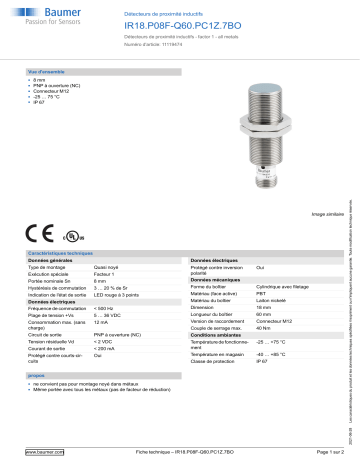 Baumer IR18.P08F-Q60.PC1Z.7BO Inductive proximity switch Fiche technique | Fixfr