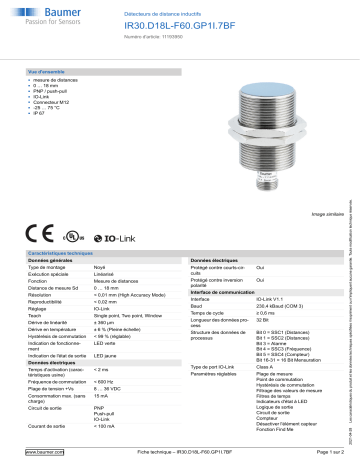 Baumer IR30.D18L-F60.GP1I.7BF Inductive distance sensor Fiche technique | Fixfr