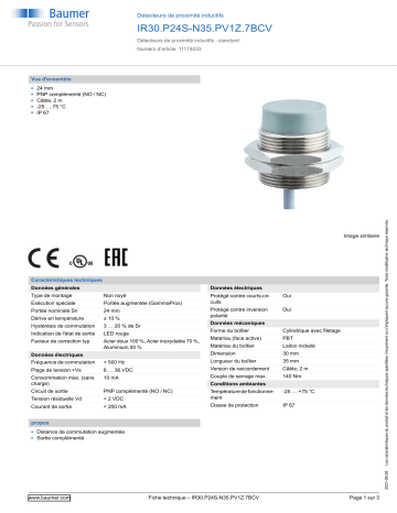 Baumer IR30.P24S-N35.PV1Z.7BCV Inductive proximity switch Fiche technique | Fixfr