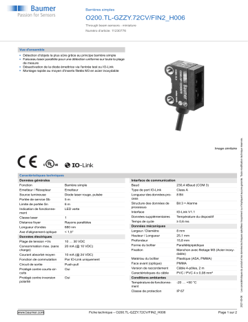 Baumer O200.TL-GZZY.72CV/FIN2_H006 Through beam sensor Fiche technique | Fixfr