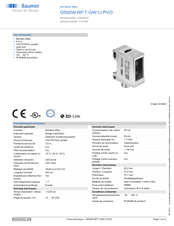 Baumer O500W.RP.T-GW1J.PVO Retro-reflective sensor Fiche technique | Fixfr