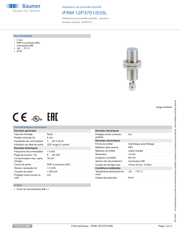 Baumer IFRM 12P3701/S35L Inductive proximity switch Fiche technique | Fixfr