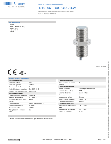 Baumer IR18.P06F-F50.PO1Z.7BCV Inductive proximity switch Fiche technique | Fixfr