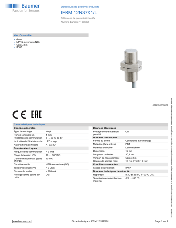 Baumer IFRM 12N37X1/L Inductive proximity switch Fiche technique | Fixfr