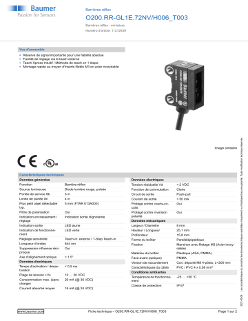 Baumer O200.RR-GL1E.72NV/H006_T003 Retro-reflective sensor Fiche technique | Fixfr