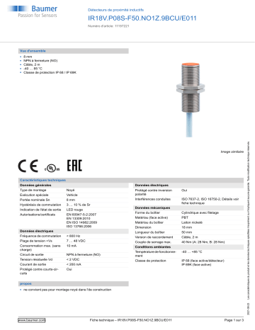 Baumer IR18V.P08S-F50.NO1Z.9BCU/E011 Inductive proximity switch Fiche technique | Fixfr