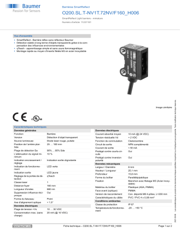 Baumer O200.SL.T-NV1T.72NV/F160_H006 SmartReflect Light barrier Fiche technique | Fixfr