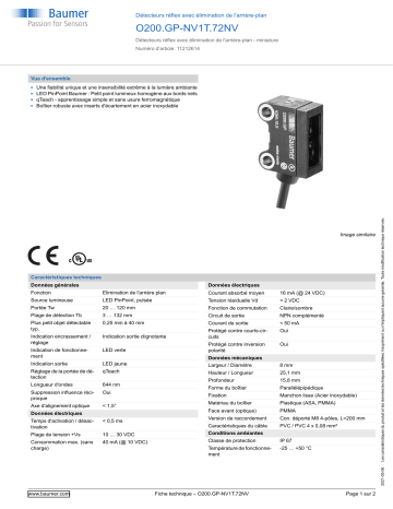 Baumer O200.GP-NV1T.72NV Diffuse sensor Fiche technique | Fixfr