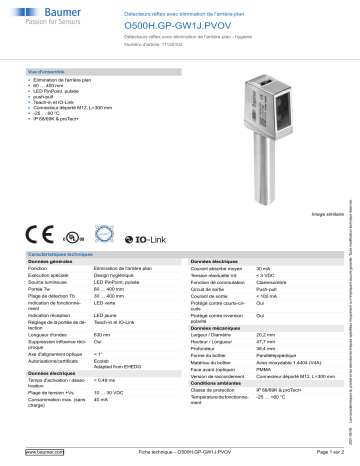 Baumer O500H.GP-GW1J.PVOV Diffuse sensor Fiche technique | Fixfr