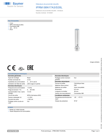 Baumer IFRM 06N17A3/S35L Inductive proximity switch Fiche technique | Fixfr