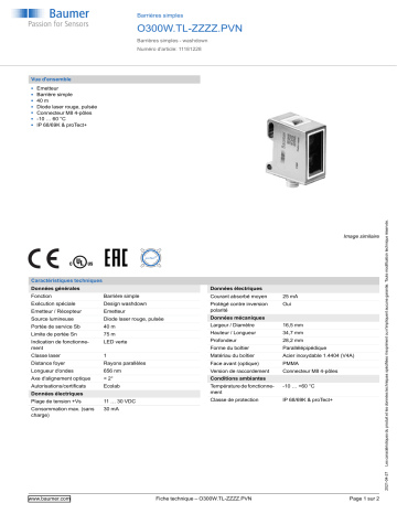 Baumer O300W.TL-ZZZZ.PVN Through beam sensor Fiche technique | Fixfr