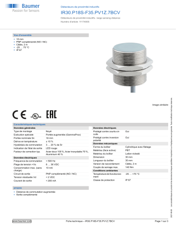 Baumer IR30.P18S-F35.PV1Z.7BCV Inductive proximity switch Fiche technique | Fixfr