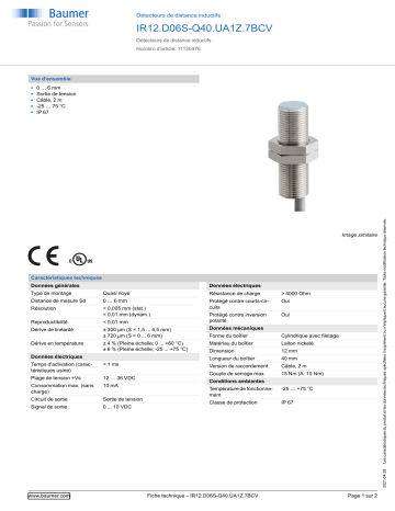 Baumer IR12.D06S-Q40.UA1Z.7BCV Inductive distance sensor Fiche technique | Fixfr