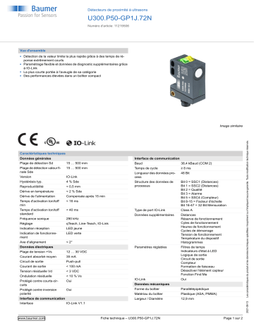 Baumer U300.P50-GP1J.72N Ultrasonic proximity sensor Fiche technique | Fixfr