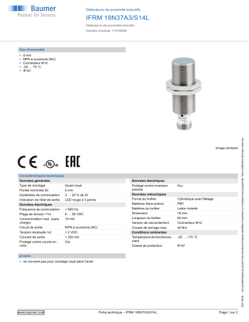 Baumer IFRM 18N37A3/S14L Inductive proximity switch Fiche technique | Fixfr