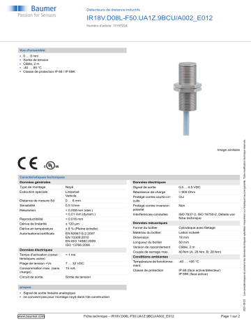 Baumer IR18V.D08L-F50.UA1Z.9BCU/A002_E012 Inductive distance sensor Fiche technique | Fixfr