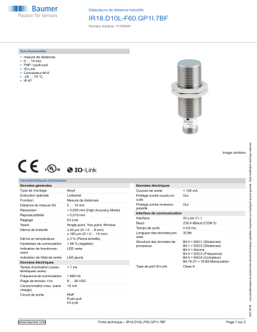 Baumer IR18.D10L-F60.GP1I.7BF Inductive distance sensor Fiche technique | Fixfr