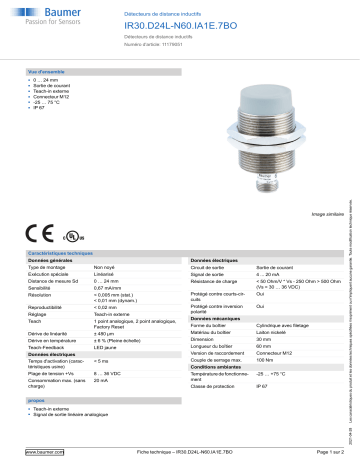 Baumer IR30.D24L-N60.IA1E.7BO Inductive distance sensor Fiche technique | Fixfr
