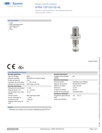 Baumer IFRW 12P1501/S14L Inductive sensors special version Fiche technique | Fixfr